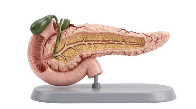 Anatomical pancreas model with gallbladder and duodenum, medical study of human digestive system organs, cross-section view of internal pancreatic duct