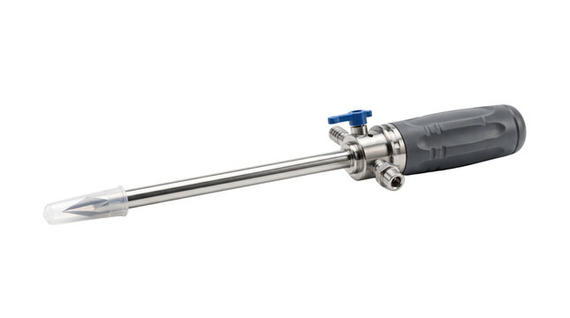 Laparoscopic trocar with sharp tip and valve, surgical medical instrument for minimally invasive surgery, stainless steel endoscopic tool on white background