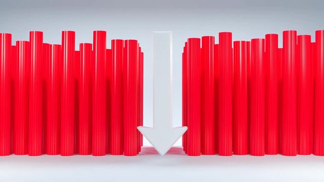 Red bar chart with downward arrow on white background representing market decline