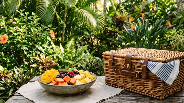 Tropical picnic basket and fresh fruit salad on a wooden table amidst lush green foliage and flowers