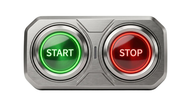 Industrial metal start and stop buttons, brushed steel control panel with illuminated green and red switches, machinery power interface on white background