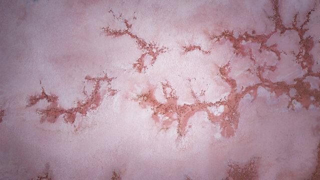 Aerial view of Hutt Lagoon showing abstract pink and red patterns of the salt lake in Yallabatharra, Western Australia, Australia.