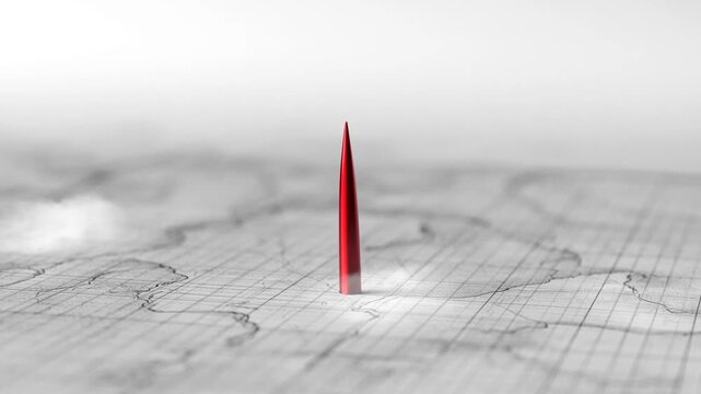 Red location pin standing on grayscale map for navigation and place marking