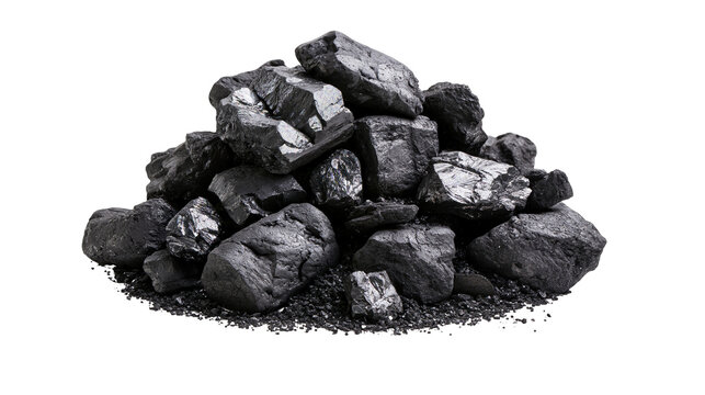 Isolated pile of black raw coal pieces and carbon elements on clean plain studio shot
