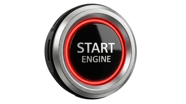 Modern car start engine button with red glowing light, metallic automotive ignition switch, sleek vehicle dashboard control isolated on white
