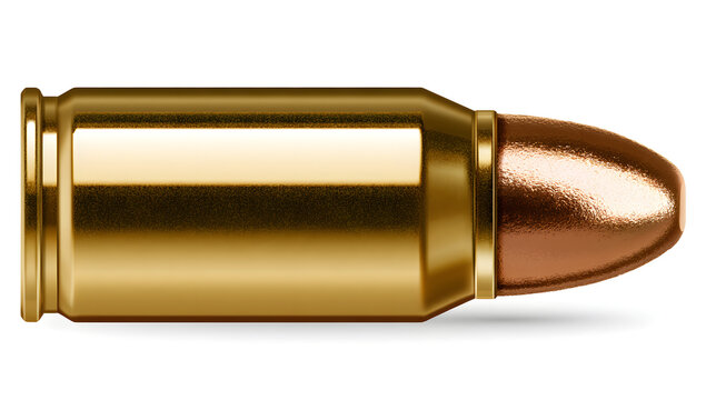 A golden brass bullet casing featuring a copper projectile, displayed against a see-through background