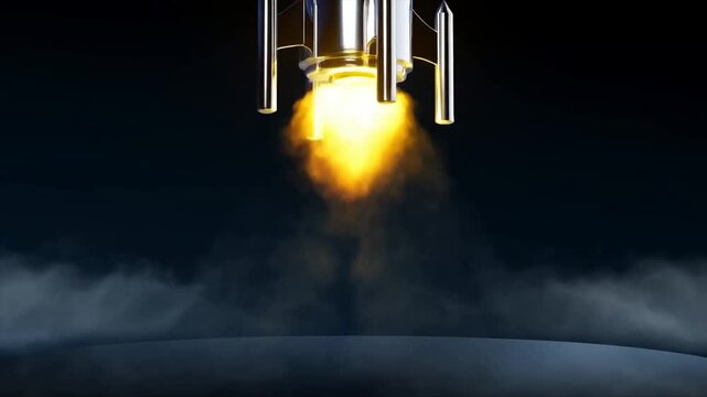 Futuristic rocket standing on reflective launch platform against dark blue background