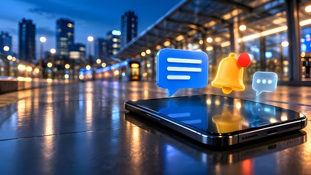 Glowing 3D chat bubble and notification bell icons hovering over a mobile phone on a modern city street.