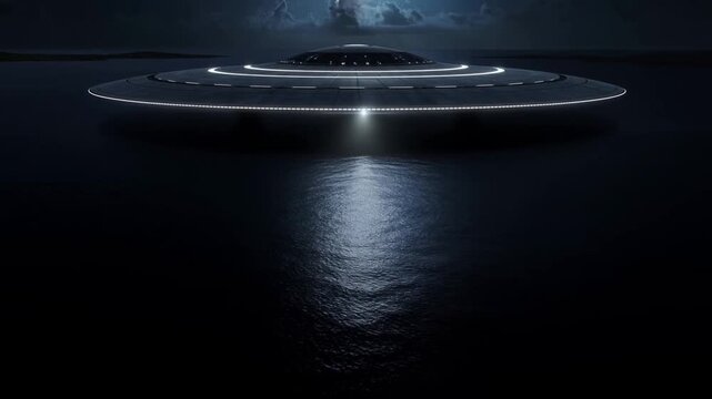 Flying saucer hovering above dark ocean waters beneath storm clouds at night
