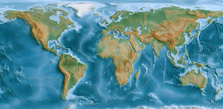 Equal Earth world map, topographic relief map, accurate landmass proportions, exaggerated terrain elevation, and physical geography on a textured surface. Detailed 3D-style cartographic representation