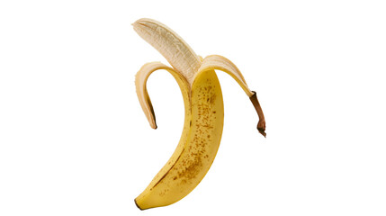 Isolated healthy partially peeled ripe banana with visible brown spots ready to eat against clean background. © Ciara
