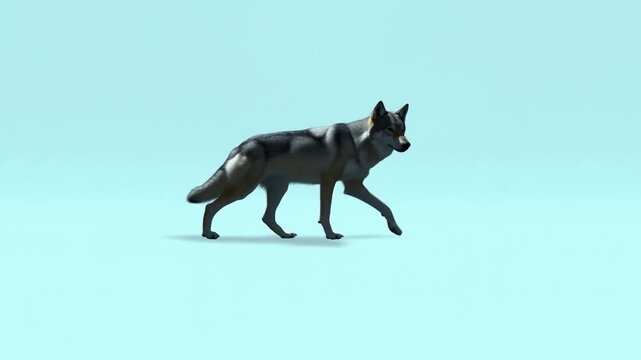 Gray Wolf in Walking Pose Against Plain Blue Background, Side Profile