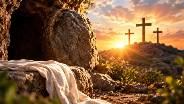 Empty tomb and three crosses on a serene hill at sunrise, symbolizing Christian resurrection, hope, and spiritual new beginnings.