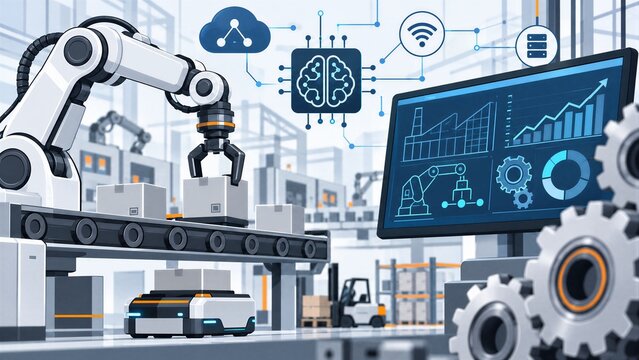 Industry 4.0 Smart Factory Automation: Line Icons Representing Artificial Intelligence, Logistics, and Advanced Manufacturing Technology Concepts.