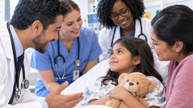 Medical Team Consulting with Hispanic Minor and Family Member in Hospital Room.