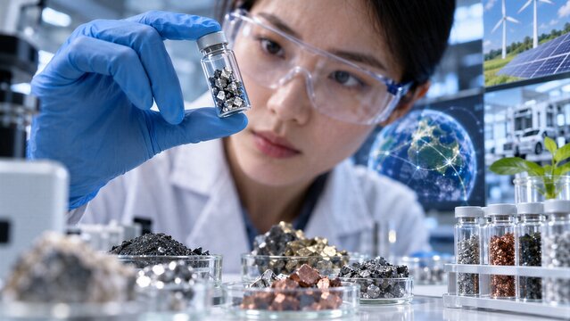 Scientist's gloved hand carefully holding rare earth and strategic critical minerals in a laboratory, symbolizing advanced technology and circular economy for future innovation.