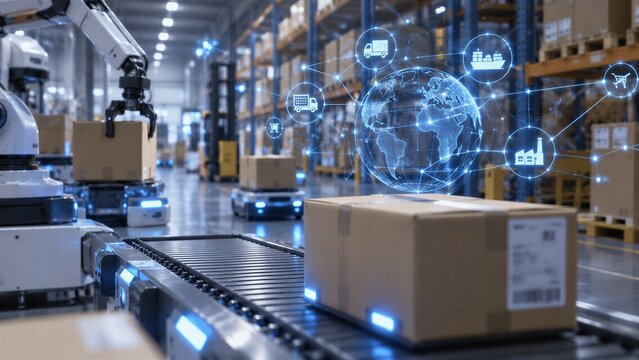 Digital Network Overlay Across a Futuristic Warehouse Interior for Advanced Supply Chain Management and Automation.