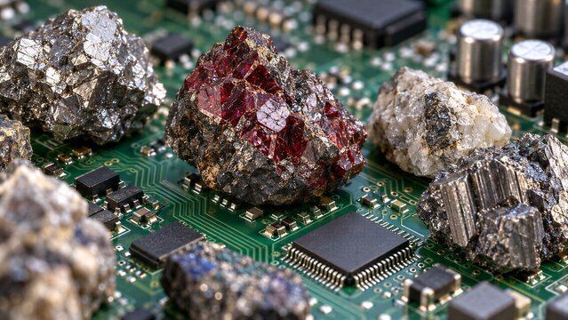 Rare earth element minerals displayed on an electronics circuit board, representing modern engineering and scientific research.