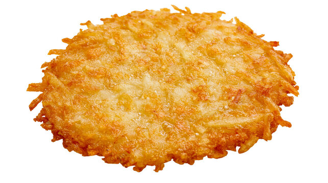 Isolated delicious golden crispy fried hash brown, classic potato breakfast or brunch food.