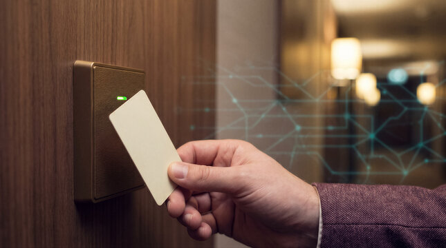 Closeup of a hand using a key card to unlock a hotel room door with digital network overlay