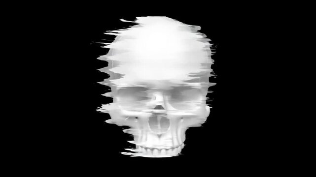 Human skull distorts with glitch effect against black background