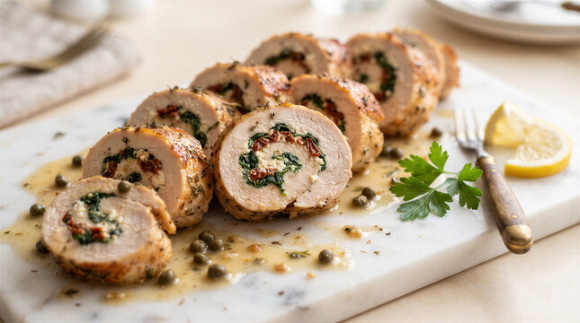 Delicious sliced chicken breast roulade stuffed with spinach, sundried tomatoes, and feta cheese, served with a lemon caper sauce