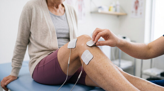 Physical therapist applying electrical stimulation electrodes to a senior patients knee for pain relief and rehabilitation therapy