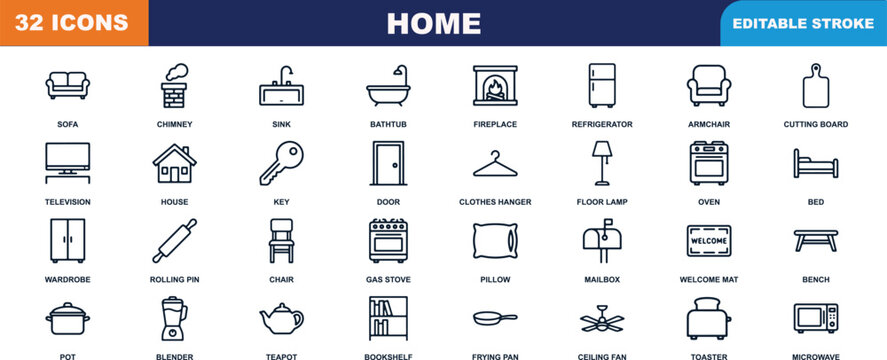Home furniture and interior design vector icons set with clean outline stroke symbols representing household appliances living room couches kitchen equipment bedroom beds and decor elements