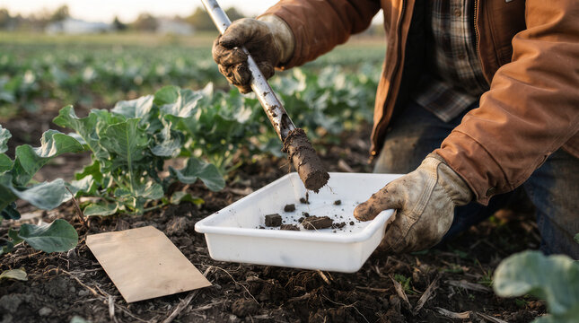 Farmer taking a soil sample from a vegetable field for analysis