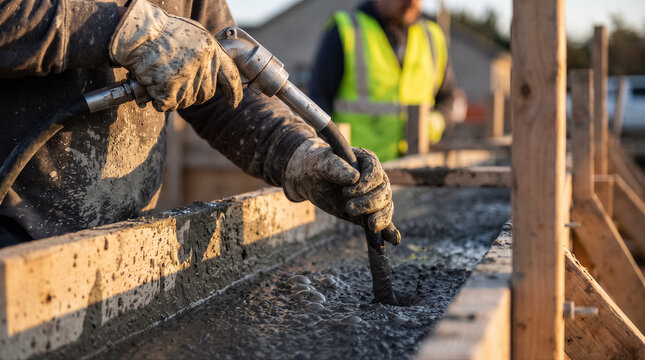Construction worker using a concrete vibrator to remove air bubbles from wet concrete in wooden formwork at a building site
