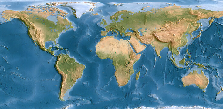 World map in the Equal Earth style, with topographic relief, accurately sized landmasses, exaggerated elevation and physical features on a textured background. A detailed 3D cartographic depiction