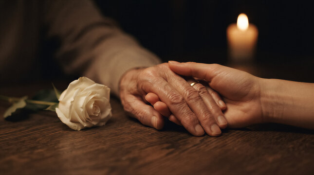 Closeup of a young person holding the wrinkled hand of an elderly person with a white rose and a candle in the background