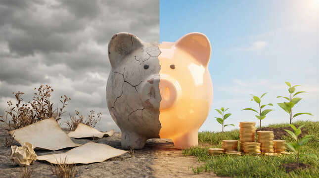 Concept of financial transformation showing a cracked piggy bank turning into a healthy one with coins and growing plants
