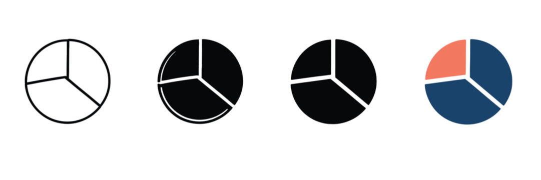 Minimalist pie chart icon set, circular data visualization diagrams, 4 business infographic elements in outline and solid styles