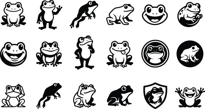 Collection of various cute frog illustrations featuring different poses and expressions presented as a set isolated on transparent background