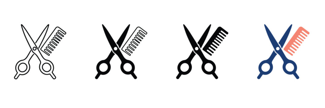 Minimalist hair salon icons set, professional barber scissors and comb vector illustrations, hairdressing equipment symbols for beauty parlor branding