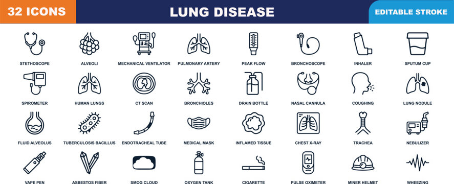 Lung disease medical vector icons set featuring editable stroke respiratory system disorders diagnostic equipment and pulmonary treatment symbols