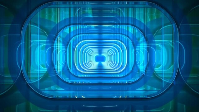 Blue geometric tunnel with nested glowing rectangles in an abstract digital space