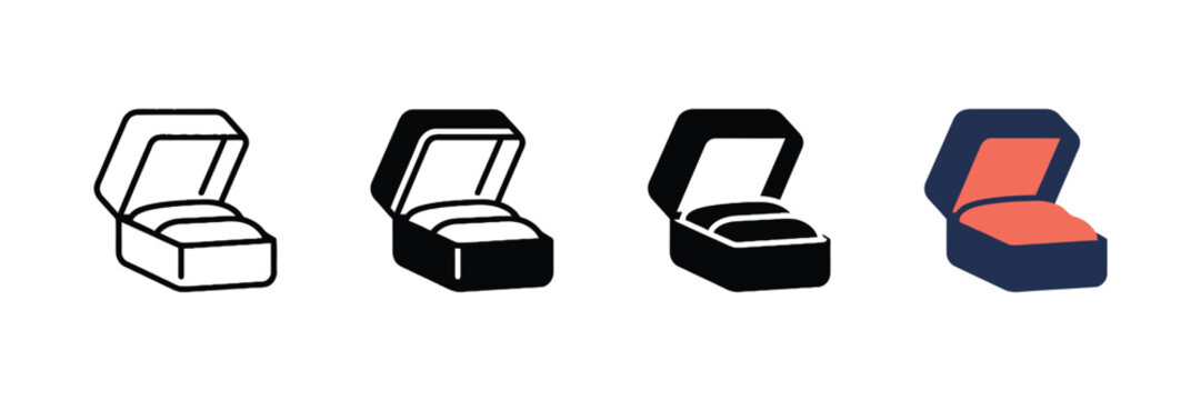 Minimalist jewelry box icon set, open ring box vector illustrations, elegant velvet gift case symbols for engagement and wedding branding