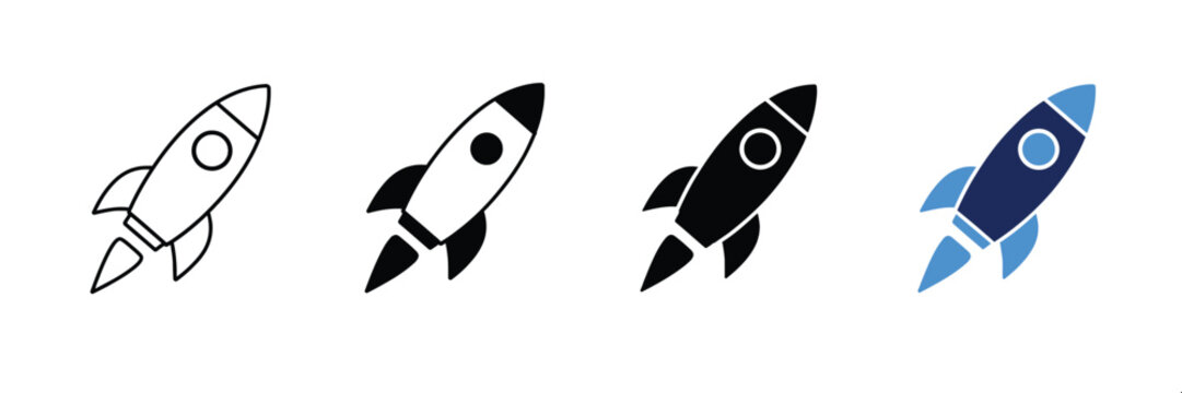 Rocket ship icon set with four variations, minimalist spaceship launch symbols, flat vector rocket graphics for business startup and technology projects
