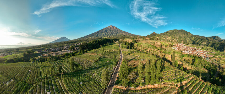 Aerial view of Nglaruk with terraced agricultural fields, a winding road, and lush mountain slopes under a clear blue sky in Kecamatan Ngadirejo, Jawa Tengah, Indonesia.