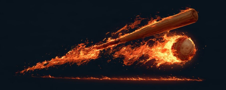 Closeup Baseball Flying with blue particle flames,Baseball ball speed fast magic effect in blue flames,Baseball player hitting ball with bat,home run,stadium,grandstand,sport day,space for text.