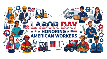 Fototapeta premium Labor Day Honoring American Workers banner, diverse professional workforce illustration, patriotic United States holiday celebration graphic isolated on White Background