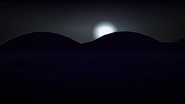A looping night sky background with a bright celestial glow rising above dark mountain silhouettes for seamless video overlay.