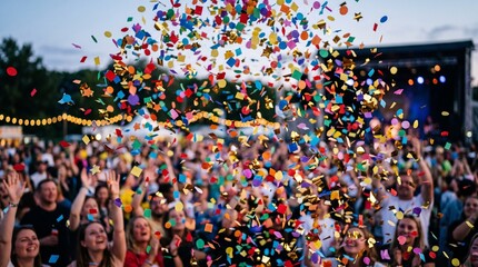 Fototapeta premium Crowd celebrating with colorful confetti falling at an outdoor music festival event with a stage in the background