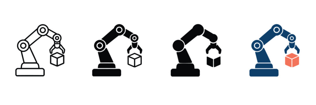 Industrial robotic arm icons set, automated factory manipulator lifting a box, mechanical robot hand vector graphics for manufacturing and logistics