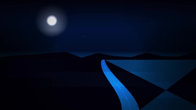 A serene night scene features a luminous moon shining over a winding blue road toward distant mountain silhouettes under a starry sky.