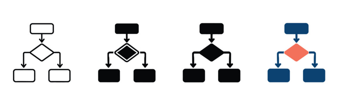 Flowchart icon set in four styles, business process diagram symbols, logic algorithm vector elements for presentation and web design