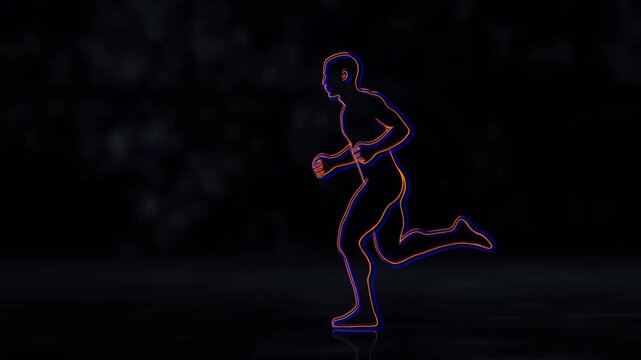 Neon outline runner in a dark setting shown in a midstride running pose