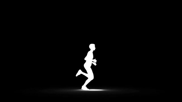 Runner silhouette in a running pose above glowing ground against black background